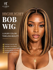 Highlight Ombre Color Glueless Lace Short Bob Wigs Straight 200% Density Human Hair Pre Plucked Ready To Wear 13x6 Glueless Wig for Women Summer Color