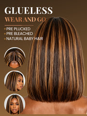 Highlight Ombre Color Glueless Lace Short Bob Wigs Straight 200% Density Human Hair Pre Plucked Ready To Wear 13x6 Glueless Wig for Women Summer Color