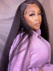 U-TIMES 100% Human Hair Kinky Straight Wig - Natural Black Kinky Straight Hair Wig for Women, Pre-Plucked Lace Front Wig with Baby Hair