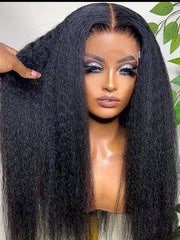U-TIMES 100% Human Hair Kinky Straight Wig - Natural Black Kinky Straight Hair Wig for Women, Pre-Plucked Lace Front Wig with Baby Hair