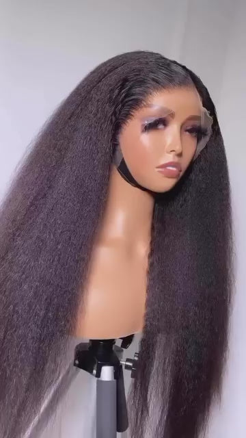 U-TIMES 100% Human Hair Kinky Straight Wig - Natural Black Kinky Straight Hair Wig for Women, Pre-Plucked Lace Front Wig with Baby Hair